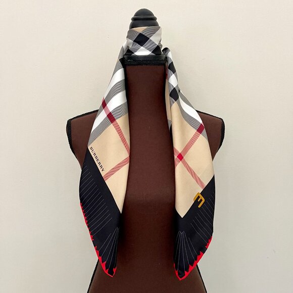 NWT Burberry Scarf Logo Iconic Beige Check Black Red Border Silk Wrap - Picture 12 of 13